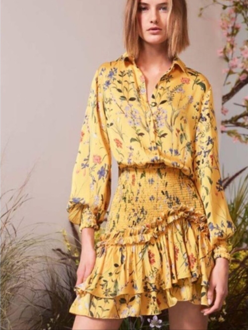 Alexis Rianna Floral Mini Dress Ruffle Smocked Yellow Luxury Garden Party Sz XS